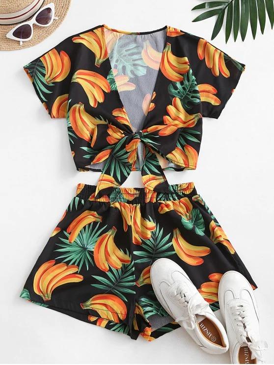 Bananas Print Tie Front Two Piece Set for Women