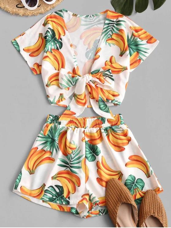 Bananas Print Tie Front Two Piece Set for Women