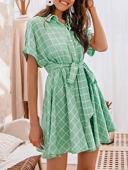 Batwing Sleeve Self Belted Grid Shirt Dress for Women