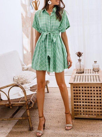 Batwing Sleeve Self Belted Grid Shirt Dress - LuckyFash™