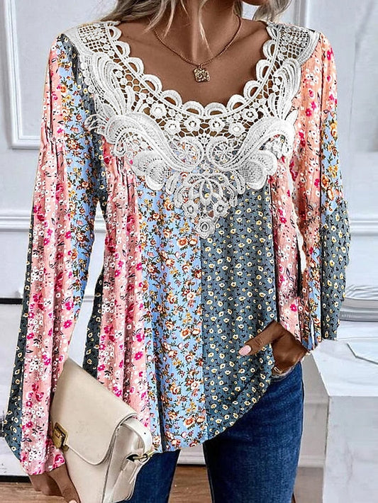 Women's Shirt Blouse Graphic Floral Pink Brown Green Print Lace Patchwork Long Sleeve Casual Fashion Round Neck Regular Fit Spring &  Fall