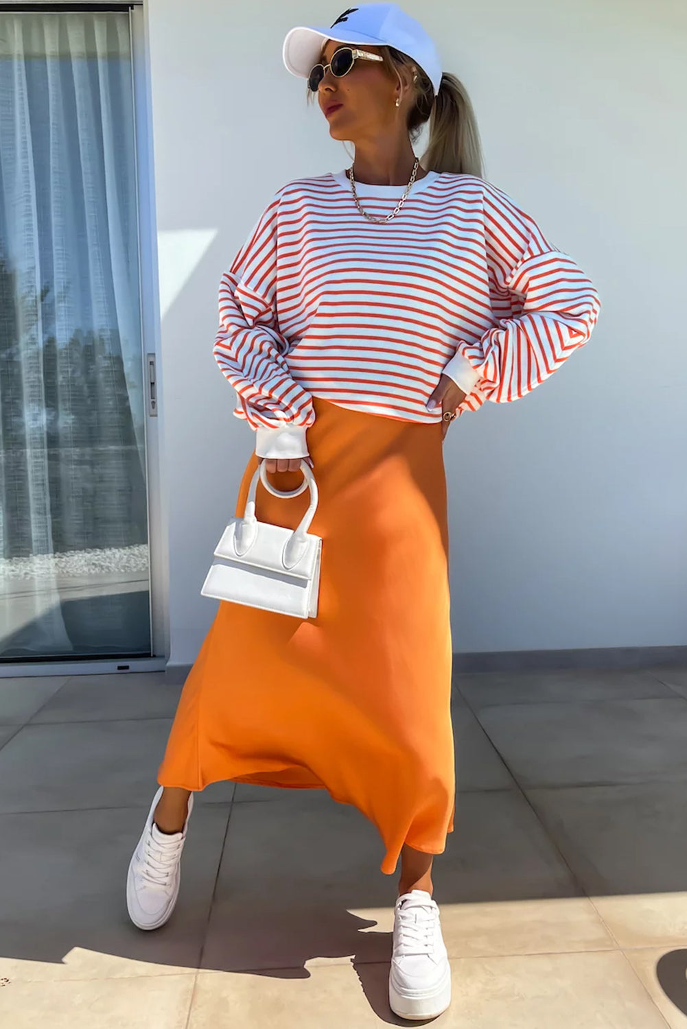 Orange Stripe Drop Shoulder Crew Neck Loose Sweatshirt