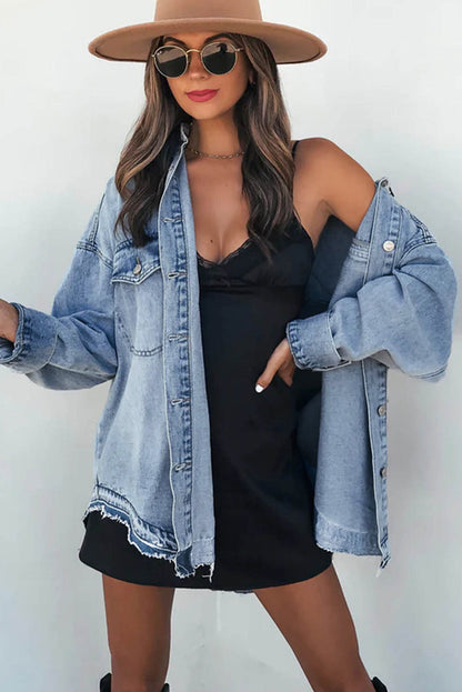 Sky Blue Flap Pocket Buttoned Oversized Denim Jacket