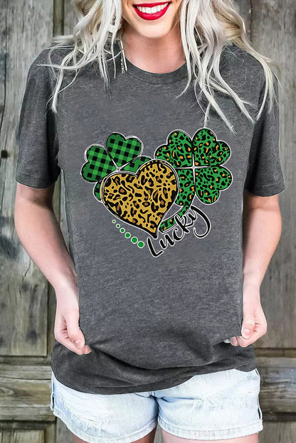 Gray Leopard Plaid Heart Clover Graphic T Shirt