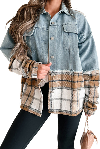 Khaki Plaid Patchwork Buttoned Oversized Denim Jacket