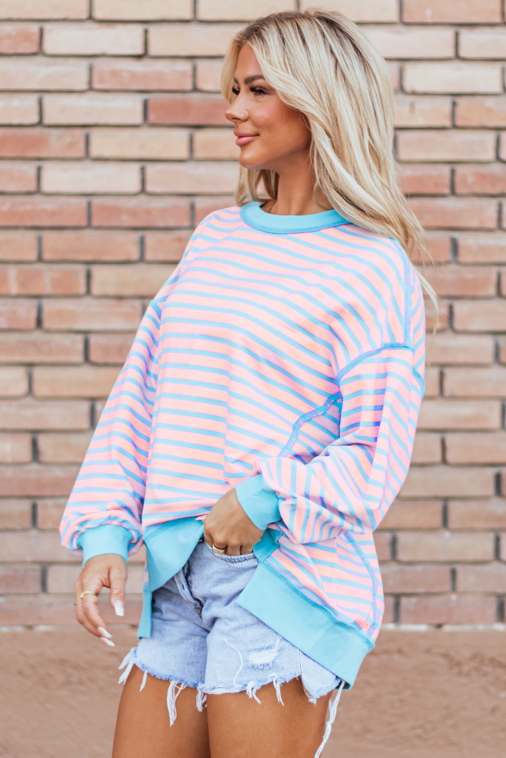 Pink Stripe Contrast Trim High Low Pullover Tunic Sweatshirt