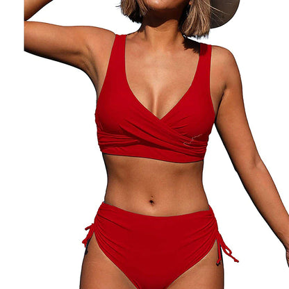 Women's Swimwear Bikini 2 Piece Normal Swimsuit Pleated 2 Piece High Waist Open Back Sexy Pure Color Black Red Fuchsia Green Padded V Wire Bathing Suits Sexy Vacation Stylish