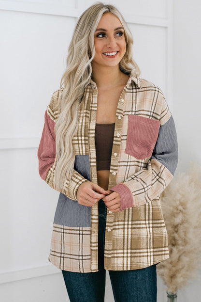 Pink Plaid Color Block Patchwork Shirt Jacket with Pocket