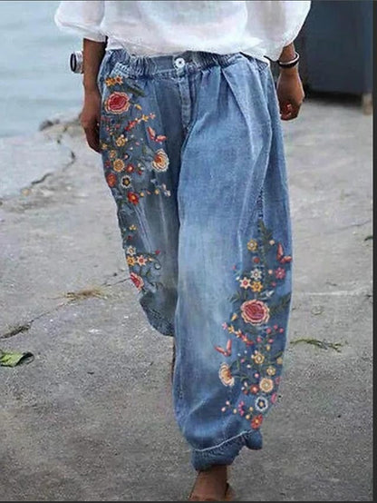 Women's Joggers Pants Trousers Baggy Faux Denim Mid Waist Fashion Coastal Grandma Style Casual Weekend Print