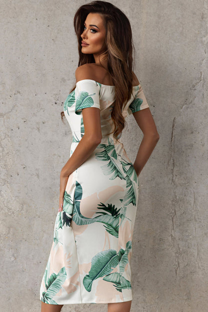 Off Shoulder Shirred Ruffles Top & Sunflower Print High Slit Maxi Skirt Set