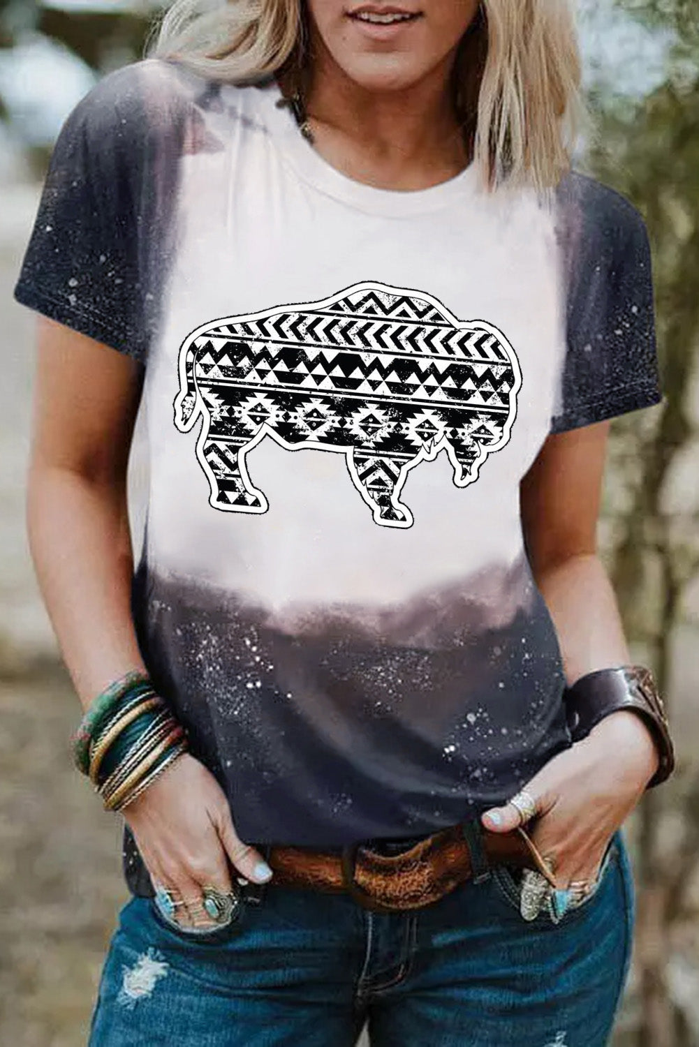 Black Western Aztec Buffalo Bleached Print T Shirt