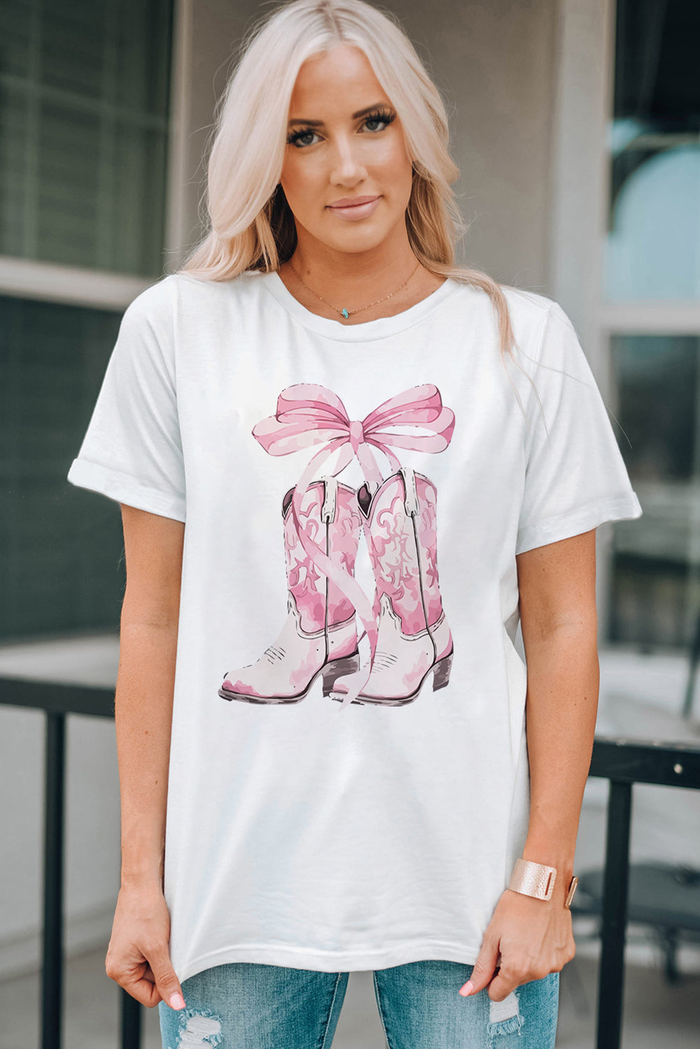 White Western Boots Bow Knot Print Crew Neck T Shirt