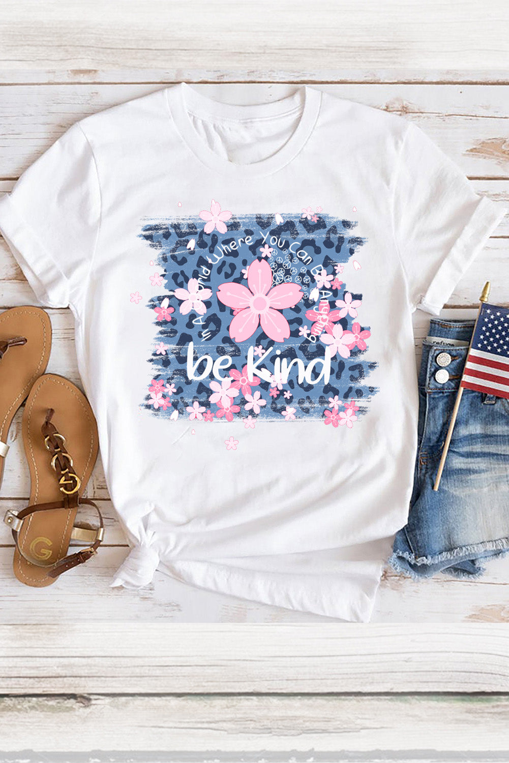 White Be Kind Cherry Blossoms Leopard Graphic T Shirt