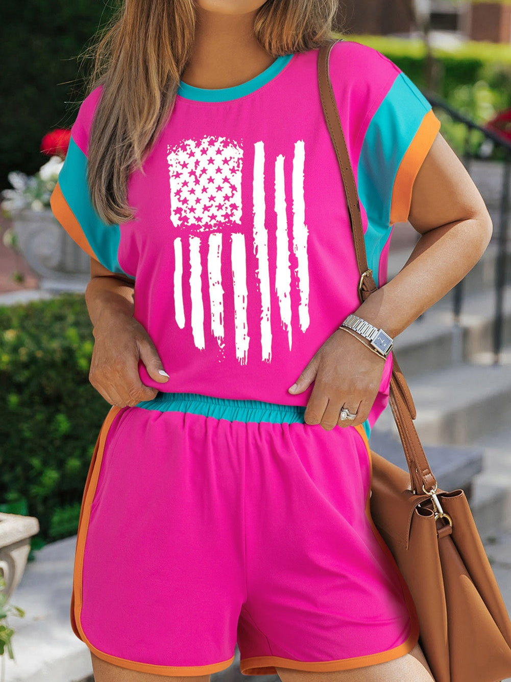 Rose Red American Flag Print Casual Two Piece Shorts Set with Colorblock Design