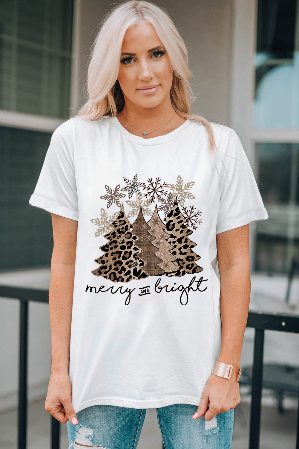 White Leopard Christmas Tree Graphic Crew Neck T Shirt