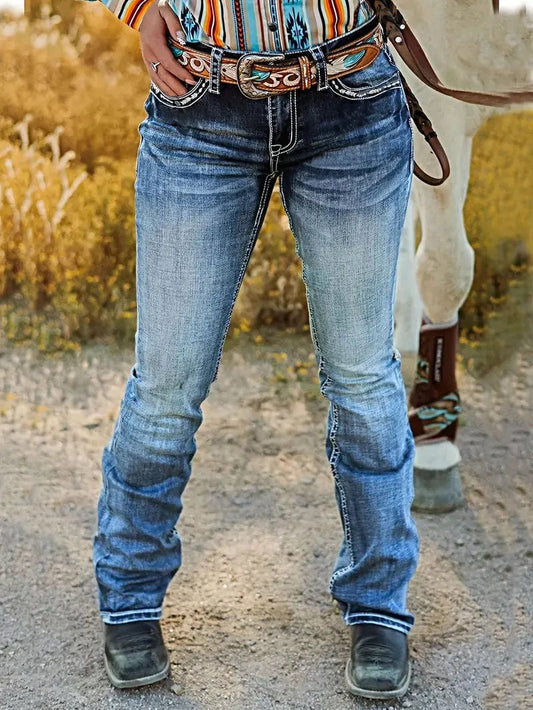 Retro Style Bootcut Denim Jeans with Embroidered Slant Pockets