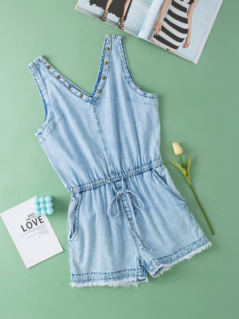 Beau Blue Sleeveless Denim Romper with Studded V Neck & Raw Hem