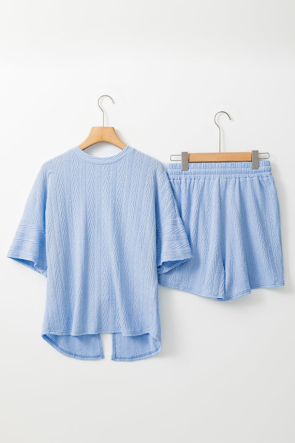 Beau Blue Textured Back Slit Tee & Shorts Ensemble