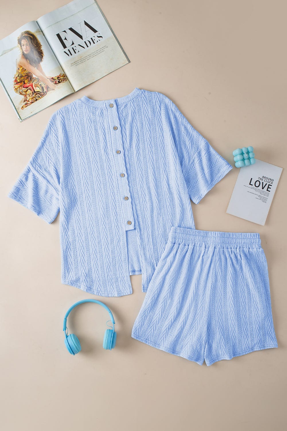 Beau Blue Textured Back Slit Tee & Shorts Ensemble