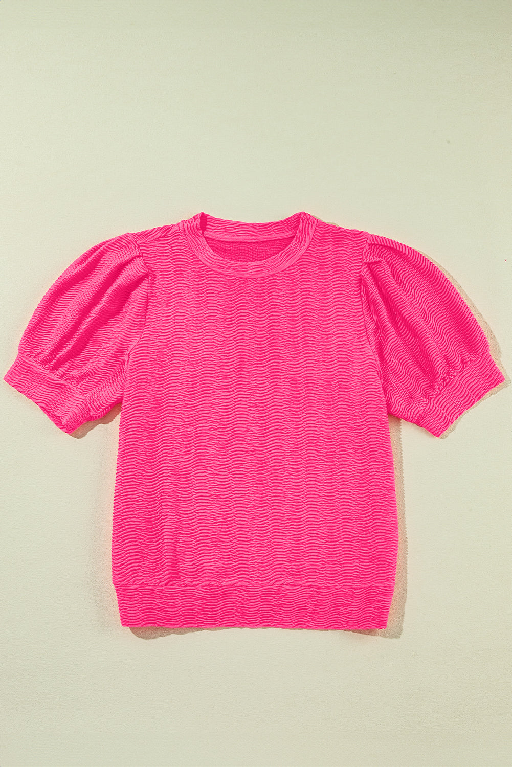 Strawberry Pink Solid Color Textured Puff Sleeve T Shirt