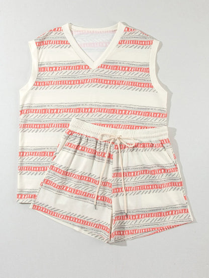 Beige Bohemian Striped Print Vacation Tank and Shorts Set