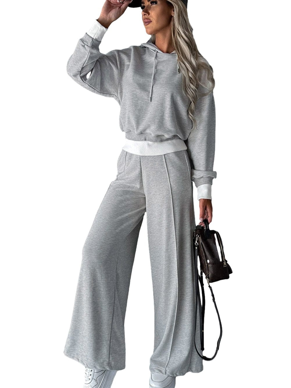 Beige Cropped Hoodie and Wide Leg Pants Lounge Set