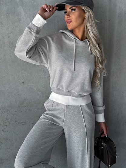 Beige Cropped Hoodie and Wide Leg Pants Lounge Set