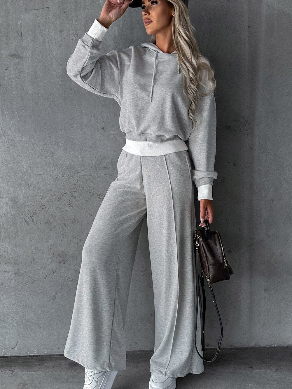 Beige Cropped Hoodie and Wide Leg Pants Lounge Set