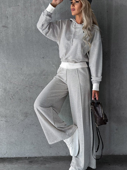 Beige Cropped Hoodie and Wide Leg Pants Lounge Set