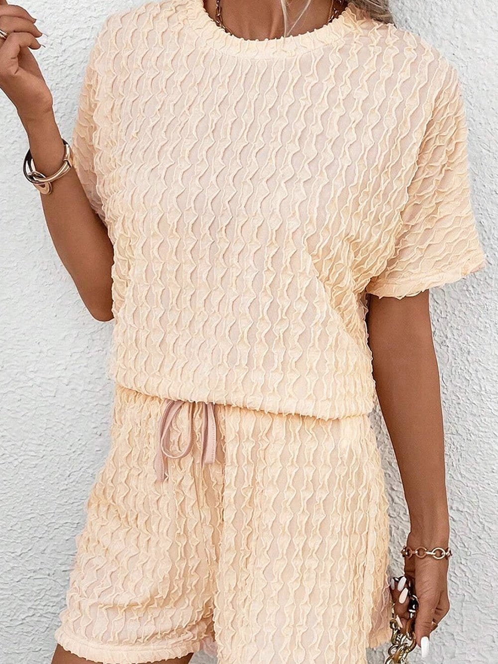 Beige Frill Textured Co-ord Set with Drawstring Shorts