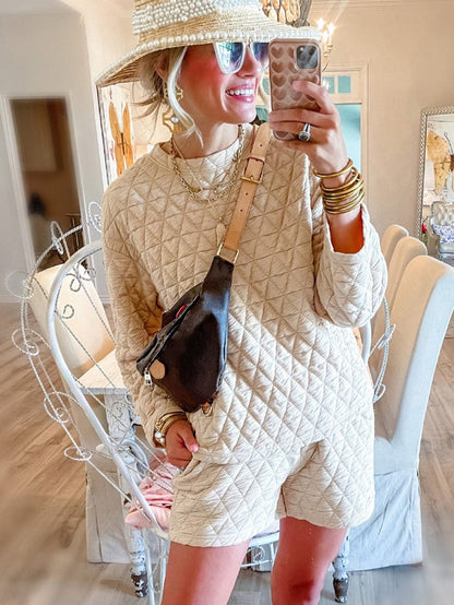 Beige Quilted Long Sleeve Top and Shorts Set