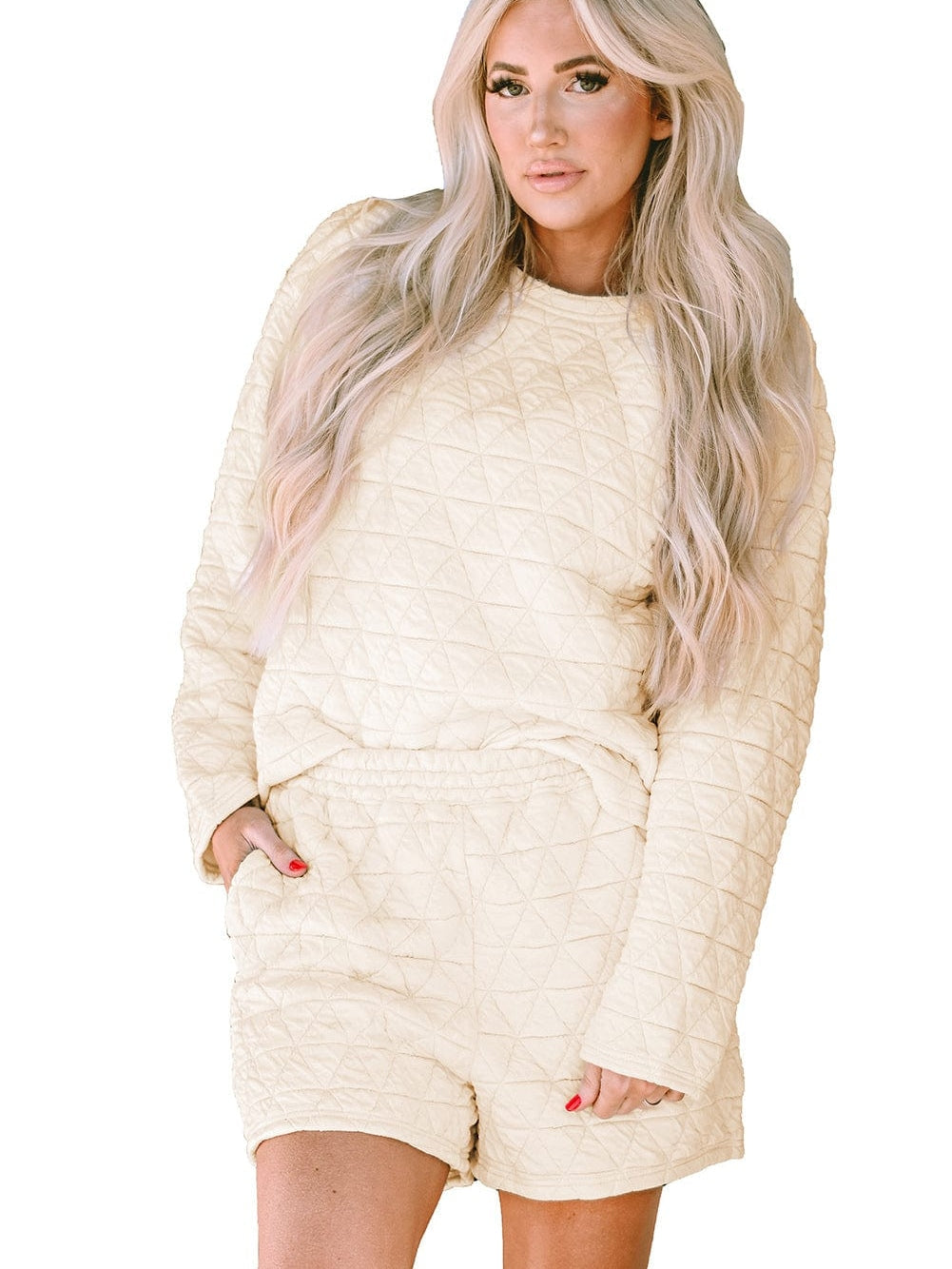 Beige Quilted Long Sleeve Top and Shorts Set