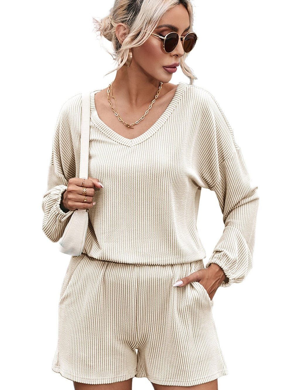 Beige Ribbed Slouchy Top and Shorts Set with Pockets