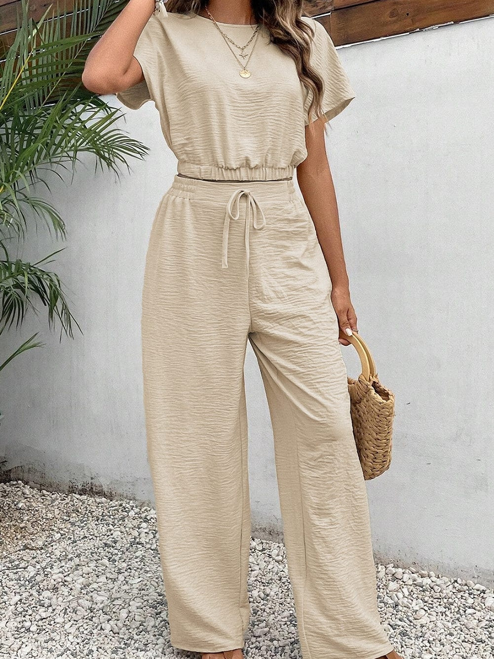 Beige Textured Crop Top and Wide Leg Pants Set with Elastic Hem