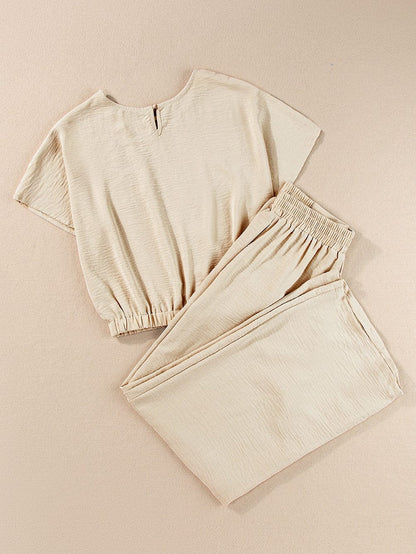 Beige Textured Crop Top and Wide Leg Pants Set with Elastic Hem