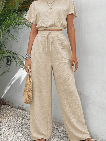 Beige Textured Crop Top and Wide Leg Pants Set with Elastic Hem