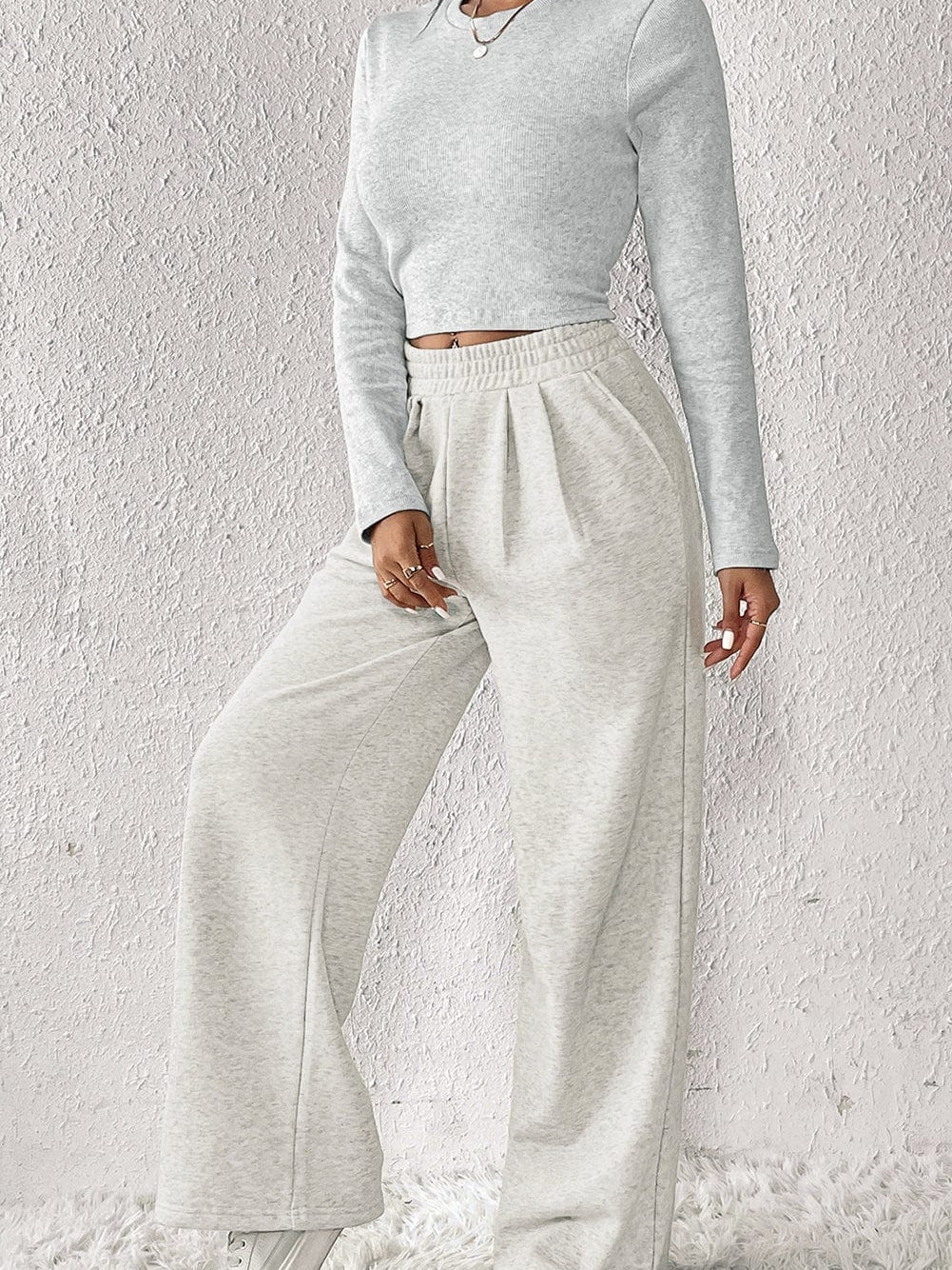 Beige Two-Piece Casual Outfit with Wide Leg Pants