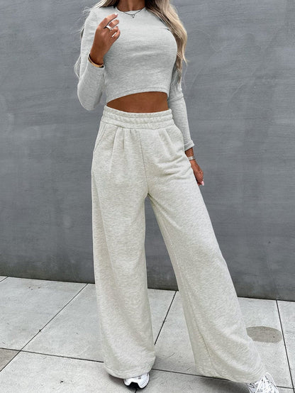 Beige Two-Piece Casual Outfit with Wide Leg Pants