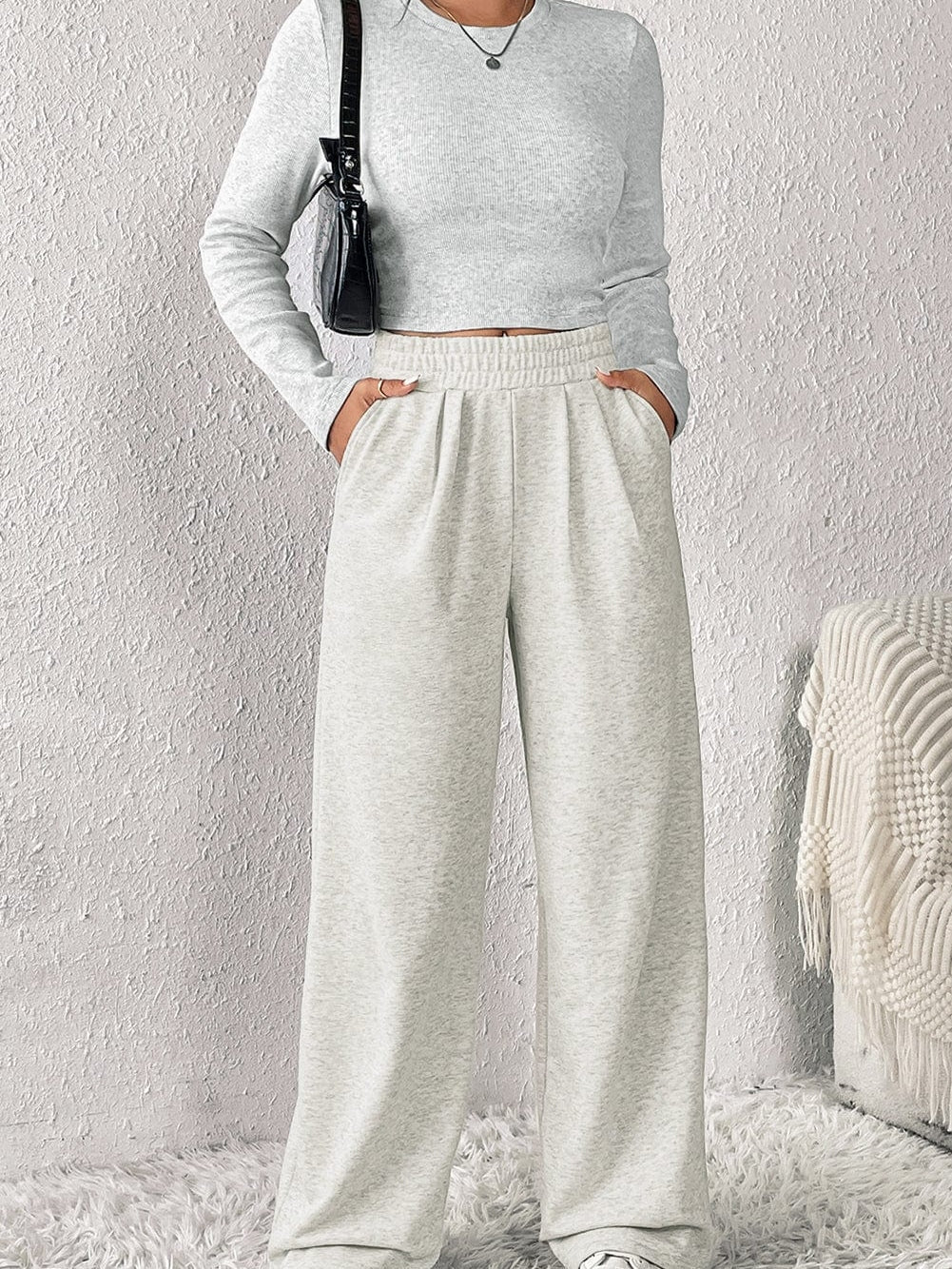 Beige Two-Piece Casual Outfit with Wide Leg Pants