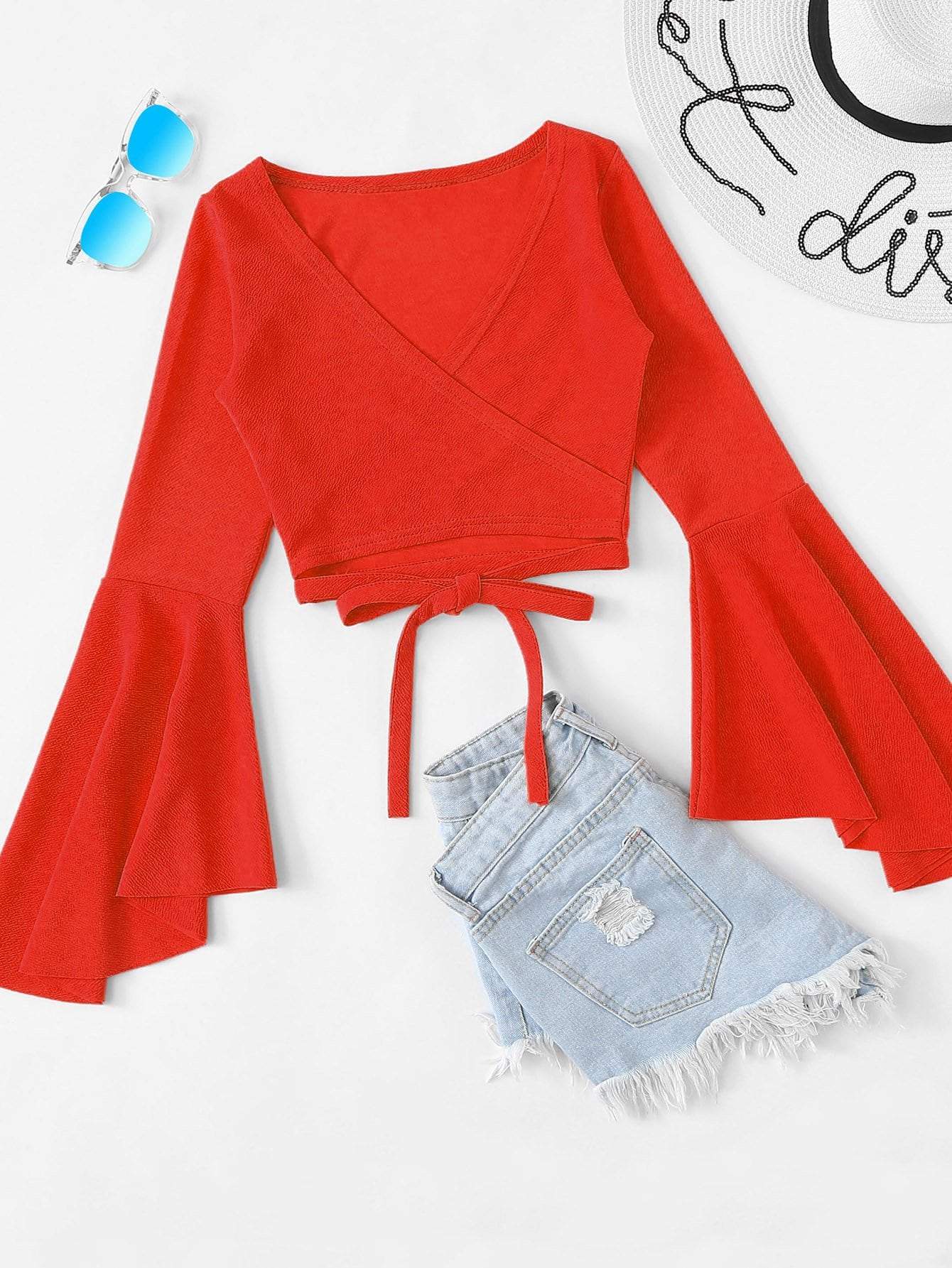 Bell Sleeve Self-Tie Crop Top