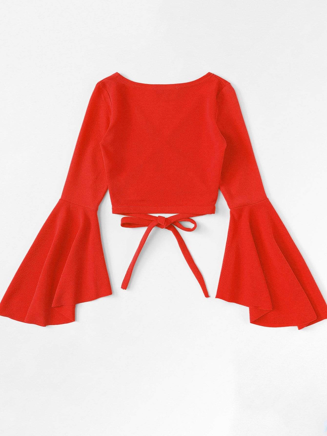 Bell Sleeve Self-Tie Crop Top