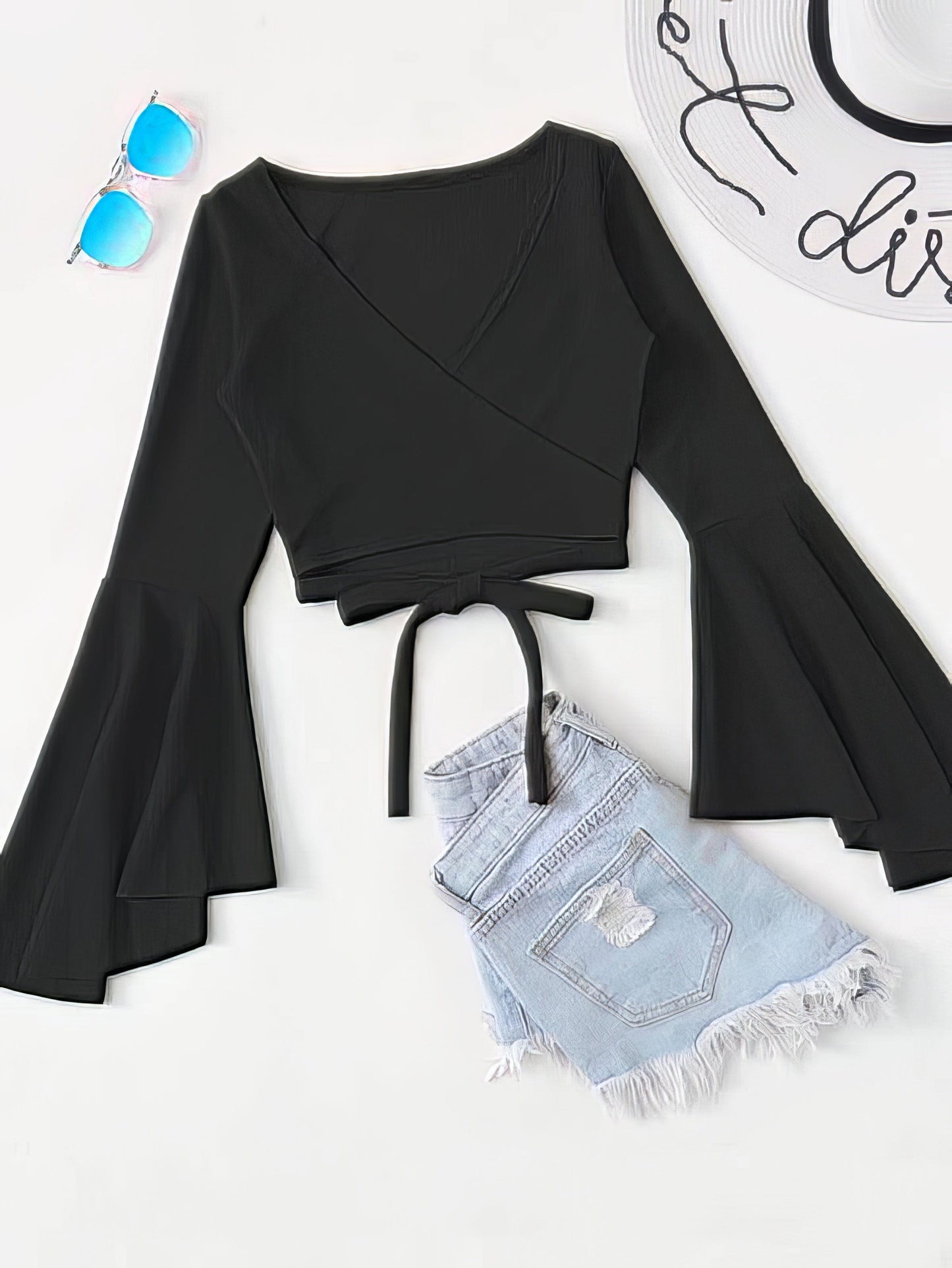 Bell Sleeve Self-Tie Crop Top