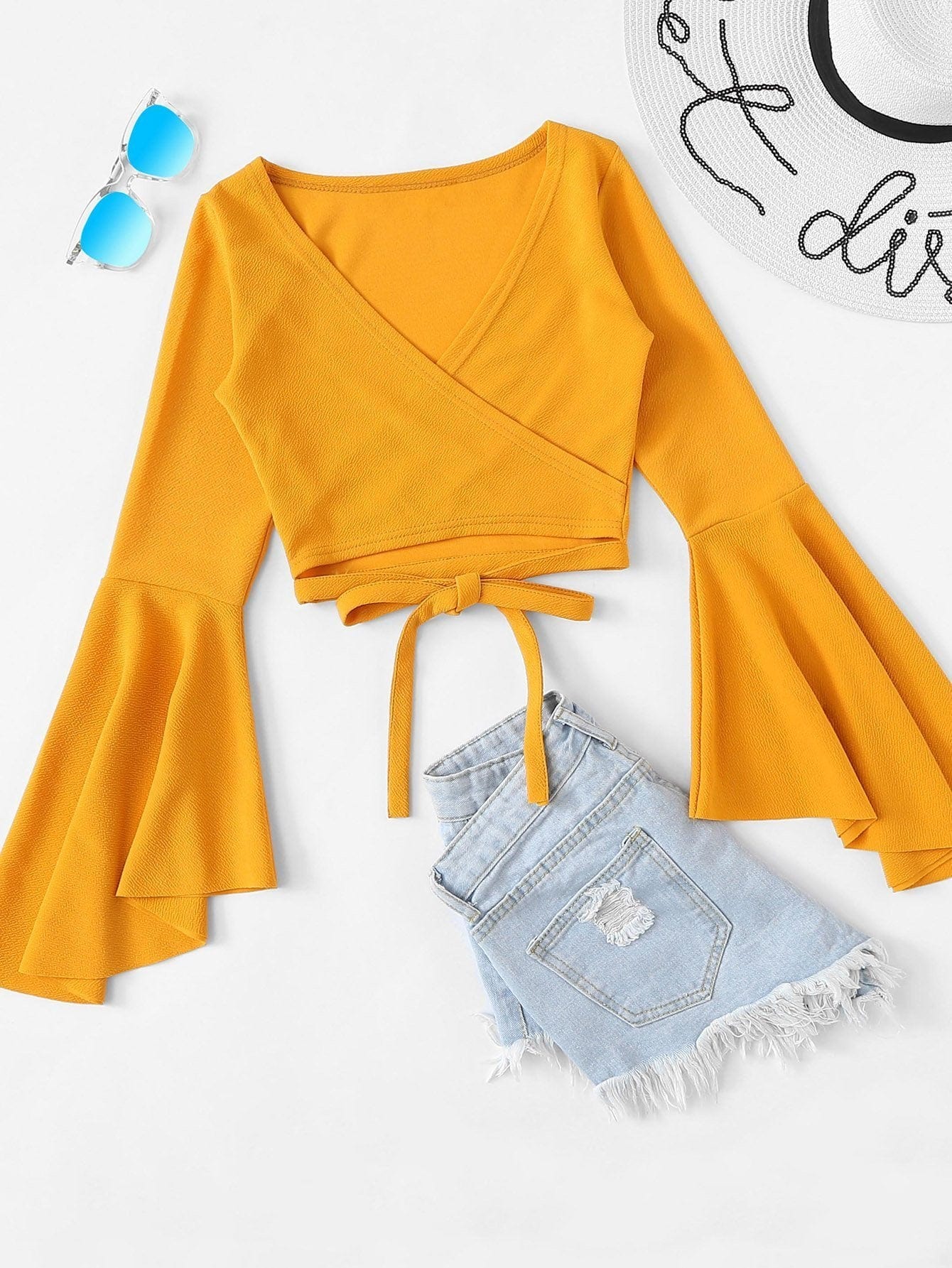 Bell Sleeve Self-Tie Crop Top