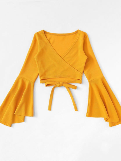 Bell Sleeve Self-Tie Crop Top