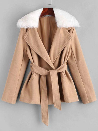 Belted Fur Collar Wool Blend Peacoat - LuckyFash™