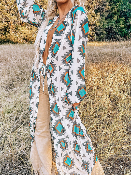 Western Aztec Print White Duster Kimono Cardigan