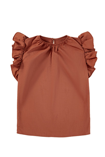 Red Sandalwood Ruffle Trim Sleeveless Blouse