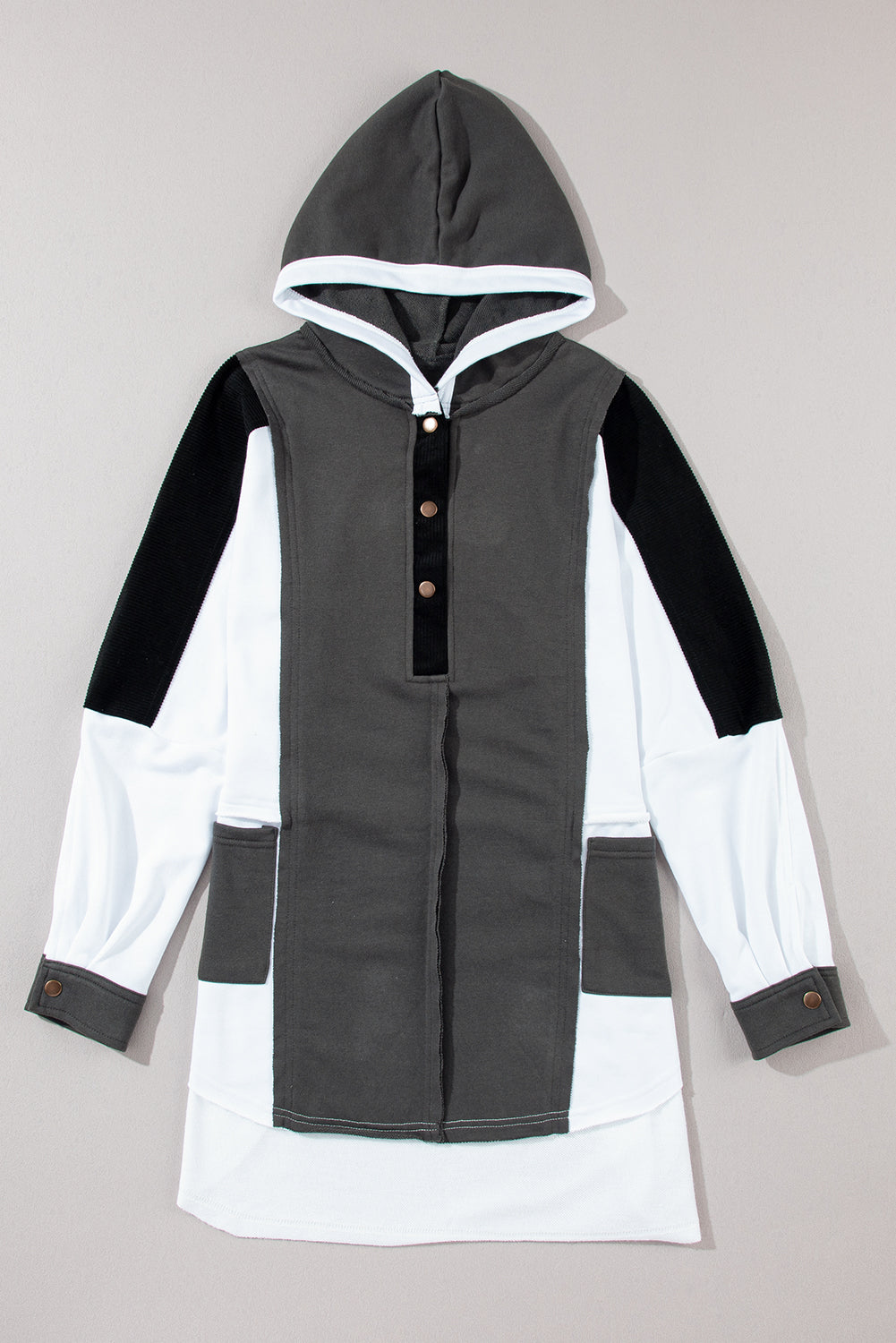 Black Color Block Exposed Seam Buttoned Neckline Hoodie