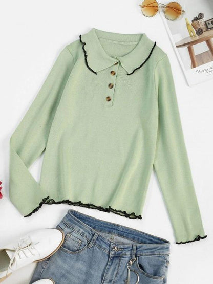 Binding Lettuce Trim Henley Knit Sweater for Women