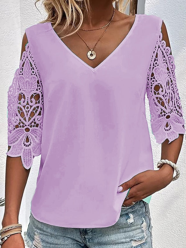 Women's Blouse White Pink Blue Plain Lace Cut Out Half Sleeve Daily Weekend Basic V Neck Regular S - LuckyFash™